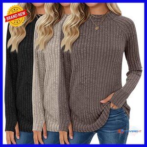 3 Pack Ribbed Mock Turtleneck Tunic Sweaters with Thumbholes & Curved Hem